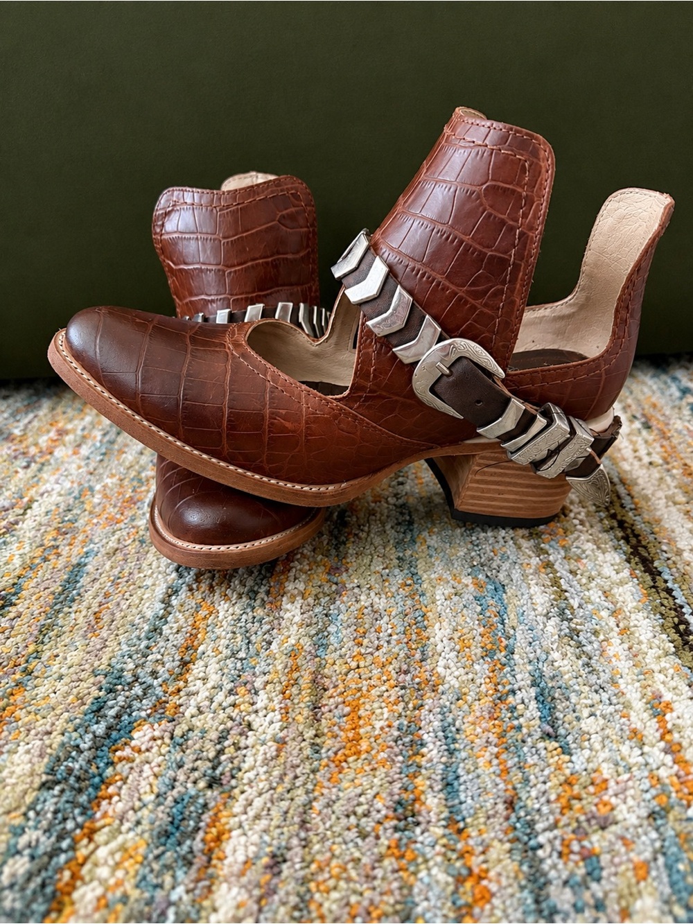 Freebird Brown Croc-Embossed Leather Ankle Booties with Silver Accent